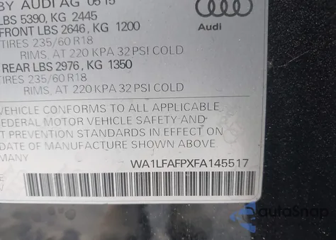 2015 Audi Q5 2.0T Premium из США, поврежденный, VIN WA1LFAFPXFA145517